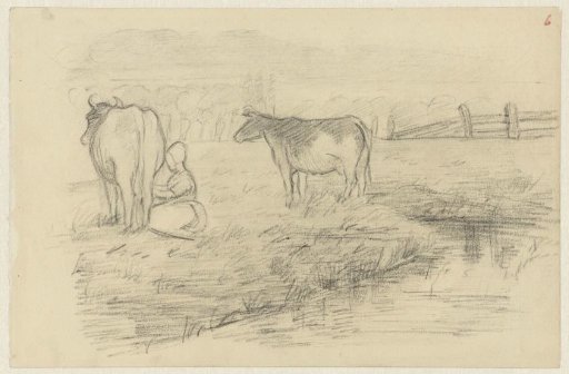 Meadow with three cows and a milkmaid