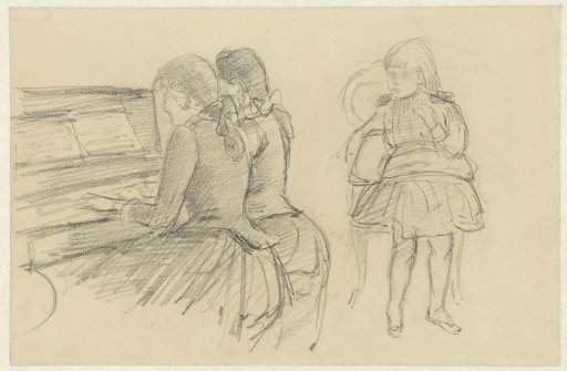 Two girls playing the piano and a seated girl