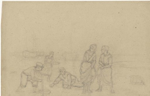 Beach with wading women and playing children
