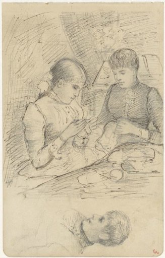 Two women doing needlework and head of a woman