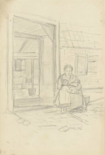 Seated woman and two children in front of the door of a barn