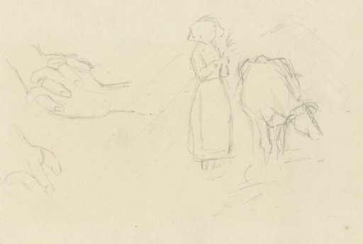 Sketches of hands, a girl and a cow