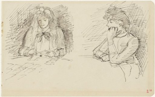 Two studies of a woman seated at a table