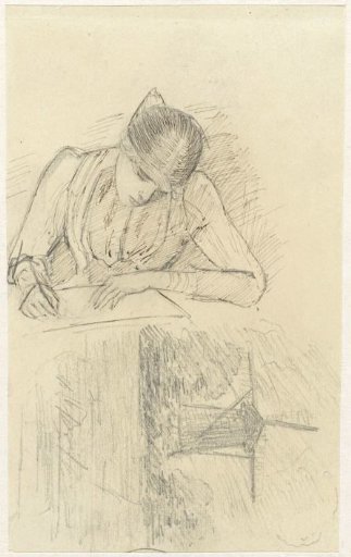 Woman writing and a mill by the water