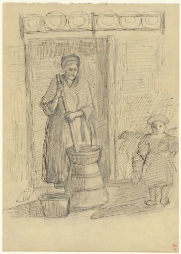 Woman churning butter with a child