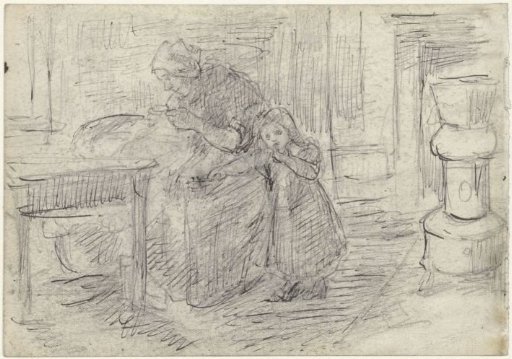Interior with a woman doing needlework with a child