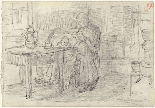 Interior with a woman doing needlework with two children