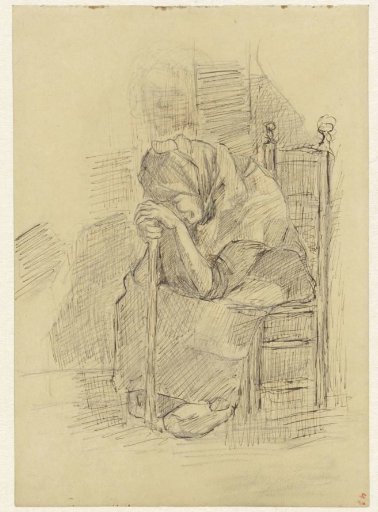 Sitting old woman, leaning on a stick