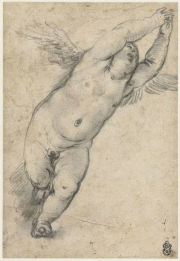 Vliegende putto met opgeheven armpjes