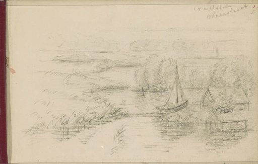 River landscape with houses and sailing boats