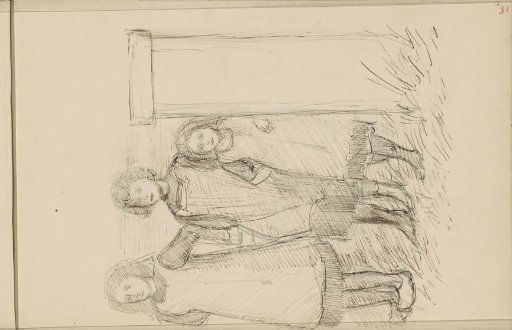 Three Standing Girls in the Grass Beside a Pillar