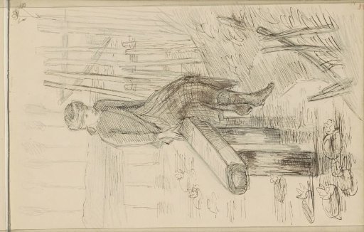 Boy Sitting on a Beam on Piles by the Water's Edge