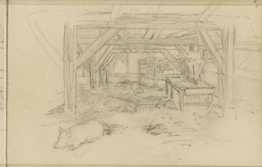 Pigs and chickens in and in front of a stable