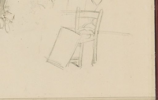 Head of a woman and a canvas leaning against a chair