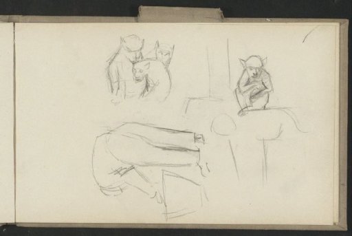 Man bending over a trough, monkeys and felines