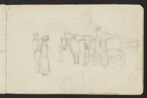 Horse-drawn carriage and figures on a street