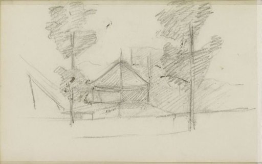 Hut with a Pointed Roof between Two Trees