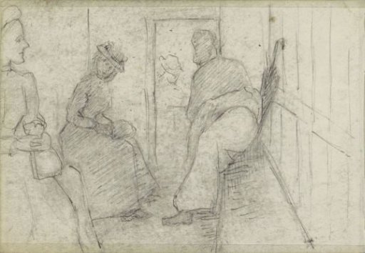 Two seated women and a man in a covered wagon