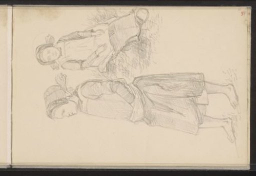 Girls with caps and aprons, standing and sitting in the grass
