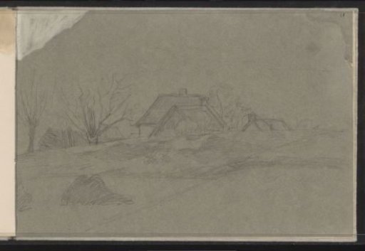 Hay ricks in a field in front of a farmhouse