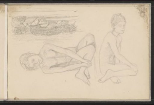 Seated nude boy and a landscape with houses and trees