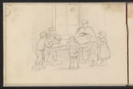Two men and children around a table by a window