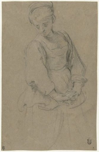 Standing young woman with folded hands