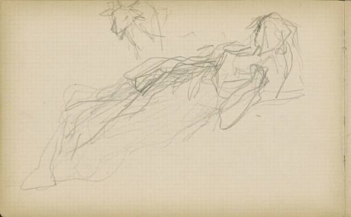 Woman lying next to an animal, possibly a goat or sheep