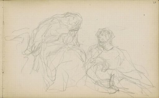 Seated man and woman, heads turned towards each other