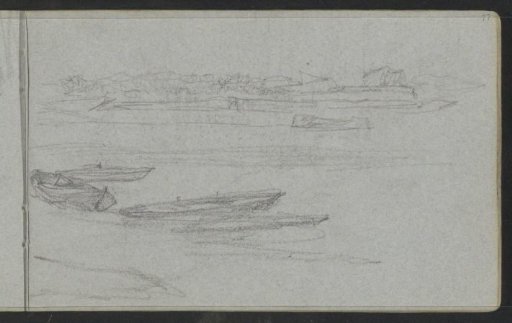Landscape with moored rowing boats at a waterside