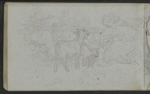 Landscape with a woman kneeling by some goats