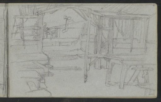 Interior with wooden beams and a workbench