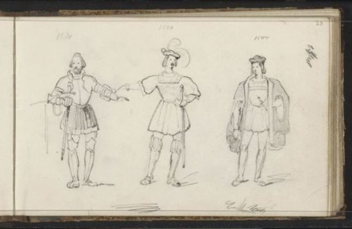 Three men in historical costume from the period 1500-1520