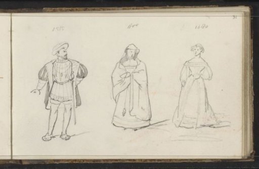 Man and two women in historical costume from the period 1515-1680