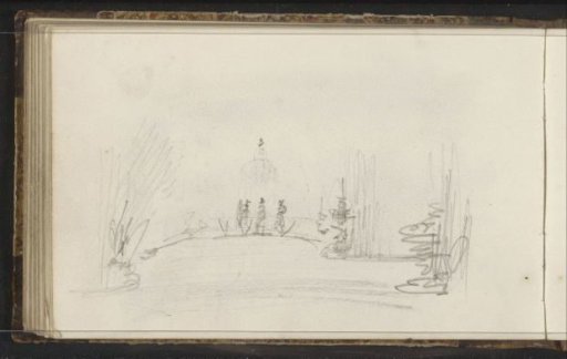 Figures on a bridge over water