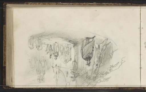 Group of figures before a building with towers