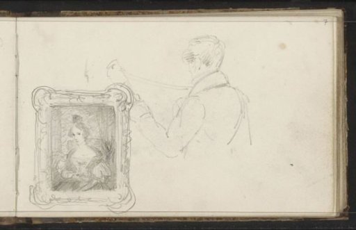 Man reading a newspaper and a portrait in a frame
