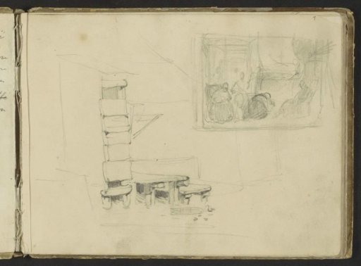 Wooden table and bench and an interior with figures