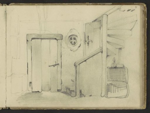 Peasant interior with door and staircase