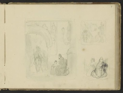Man and child at a pillar before a gate or entrance
