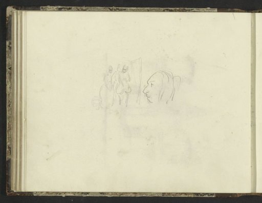 Head of a woman and three standing figures