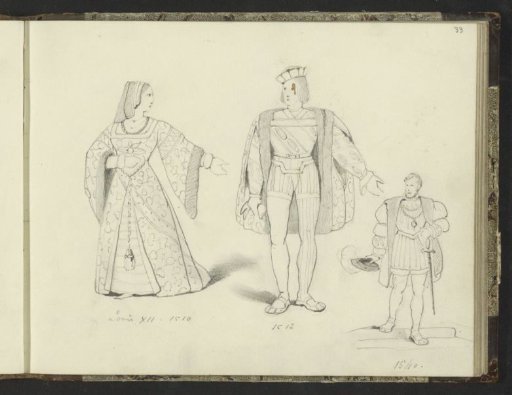 Woman and men in costumes from the period 1510-1540