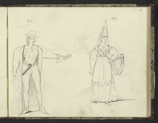 Man with a dagger and woman with a harp in fifteenth-century costume