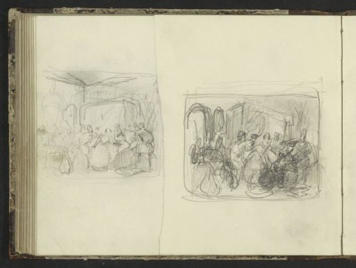 Interior with figures before a canopy bed