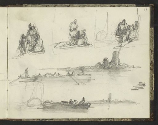 Study sheet with figures on a beach and river landscapes