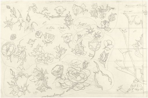33 Flower ornaments for earthenware decoration and six half-profiles for vases and small bowls
