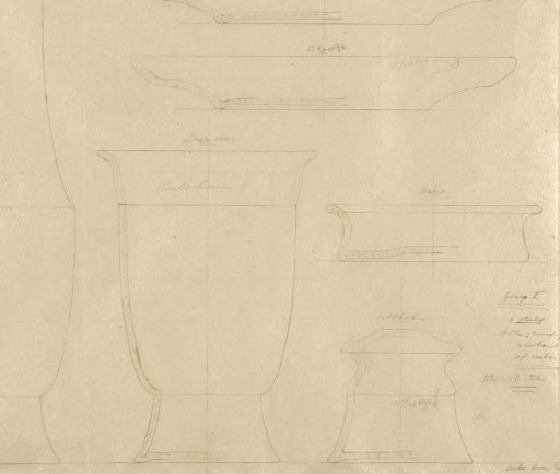 Six designs for vases, bowl, plate, small bowl and inkwell of earthenware