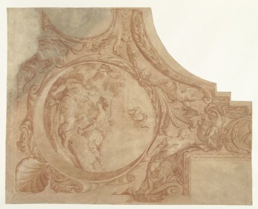 Ontwerp voor een hoekstuk van plafond met Jupiter als Diana met Callisto