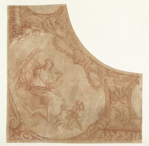 Ontwerp voor een hoekstuk van plafond met personificatie van de Matigheid