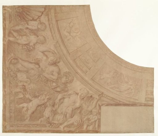 Ontwerp voor een hoekstuk van een plafond met zittende figuren, putti en buste van vrouw